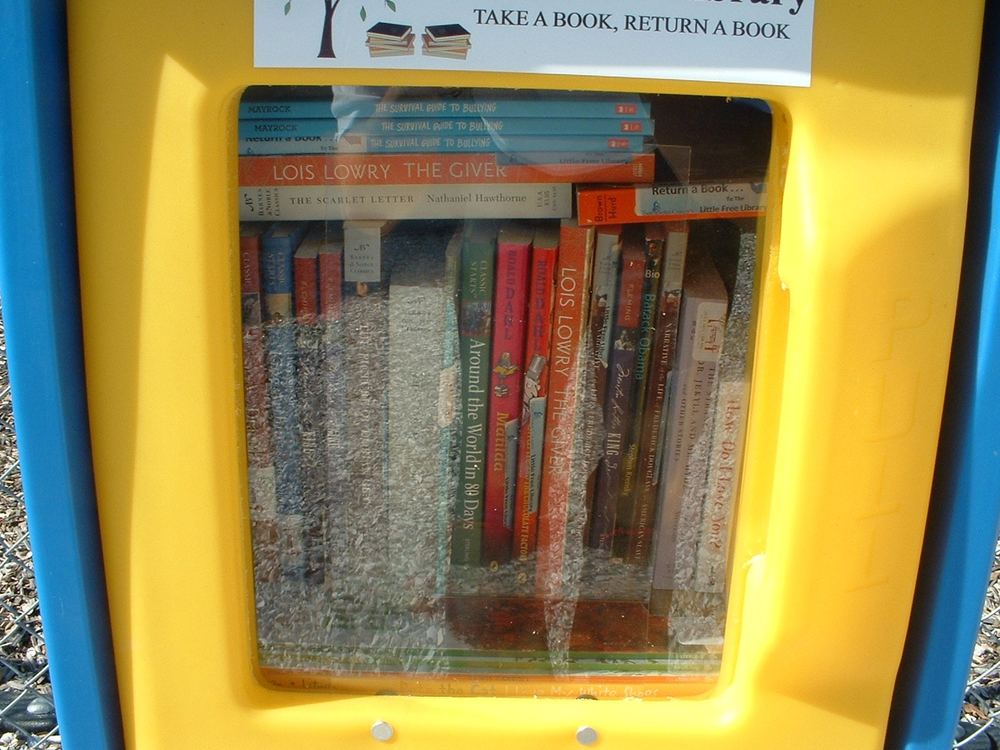 Blue and yellow Little Free Library next to a Project Read Together banner at a fenced park