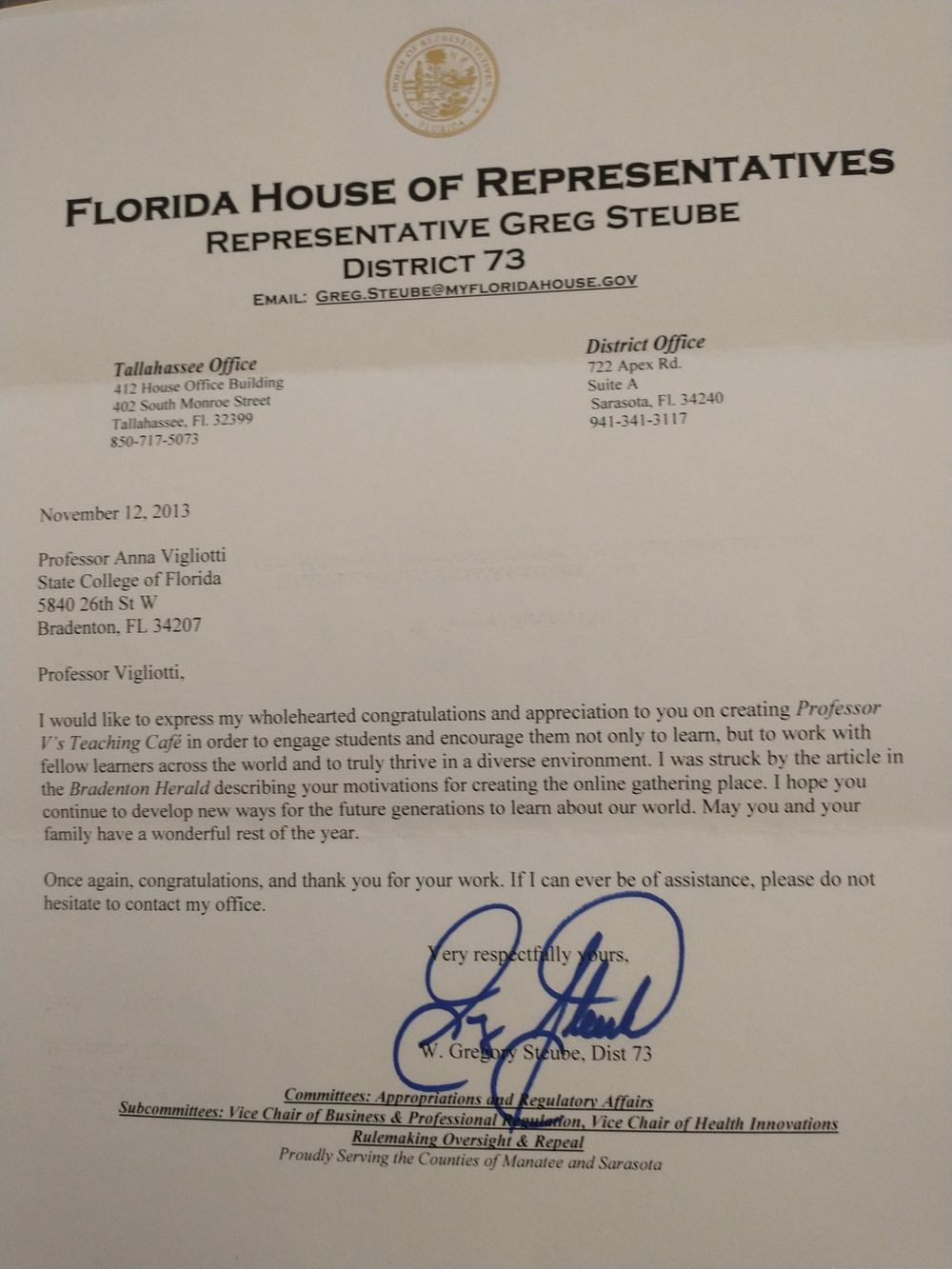 Letter from Florida Representative Greg Steube congratulating Professor Anna Vigliotti on creating Professor V's Teaching Café
